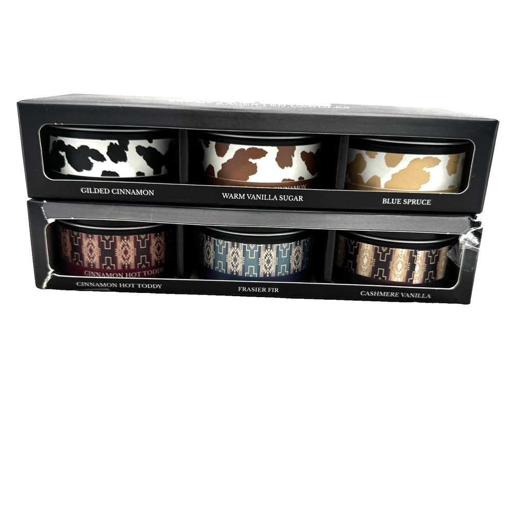 NEW Boot Barn Southwestern-Cow Print 4oz Tin‎ Candle Gift Set of 6 Cinnamon USA